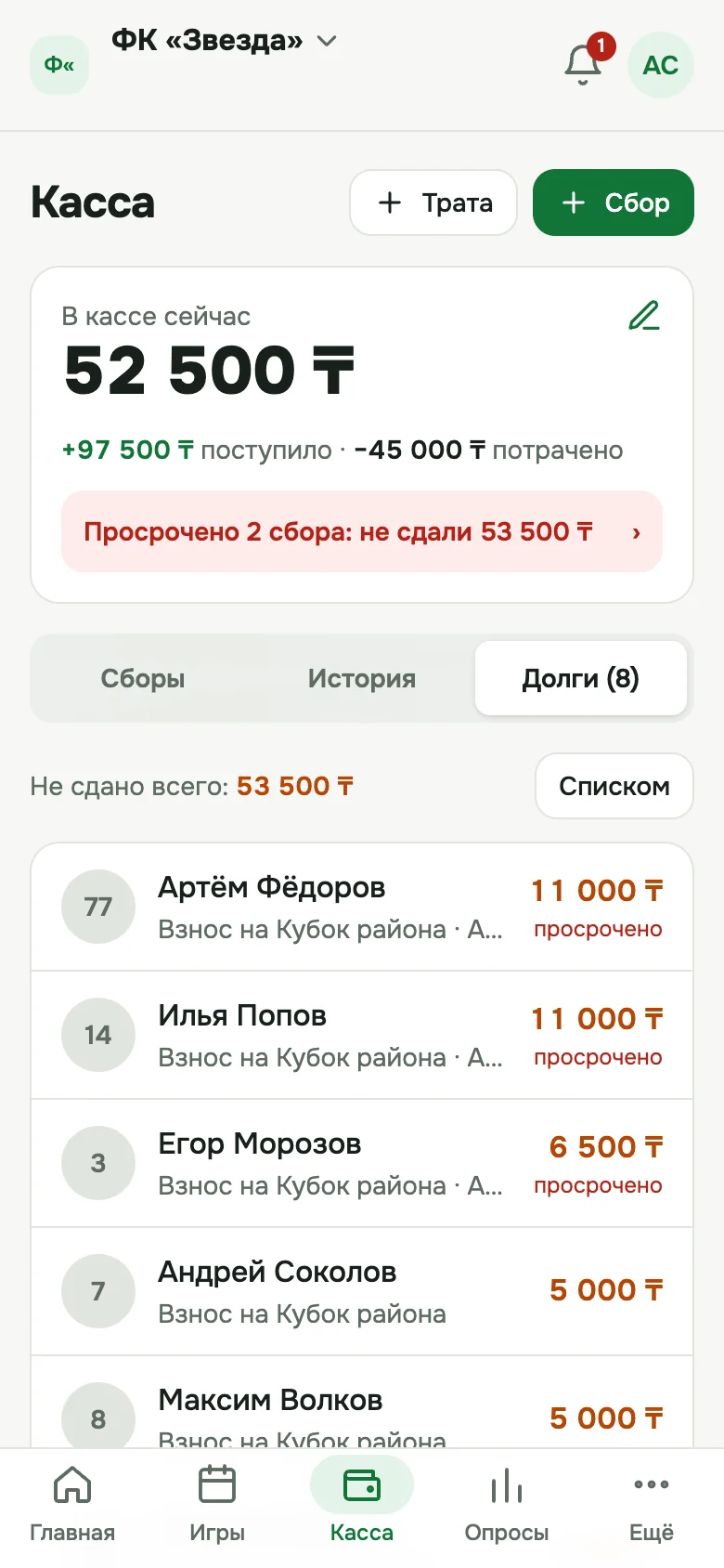 Вкладка «Долги»: список игроков, не сдавших взносы